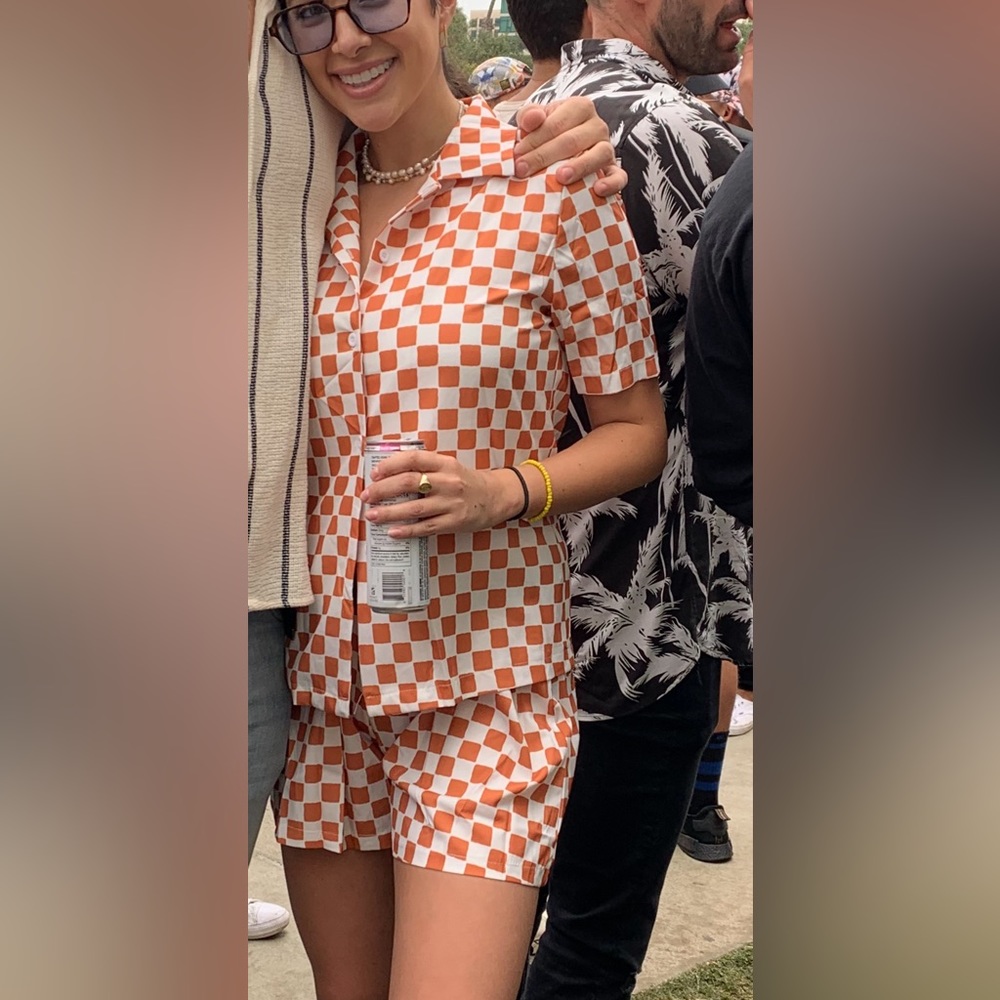 orange and white plaid matching set